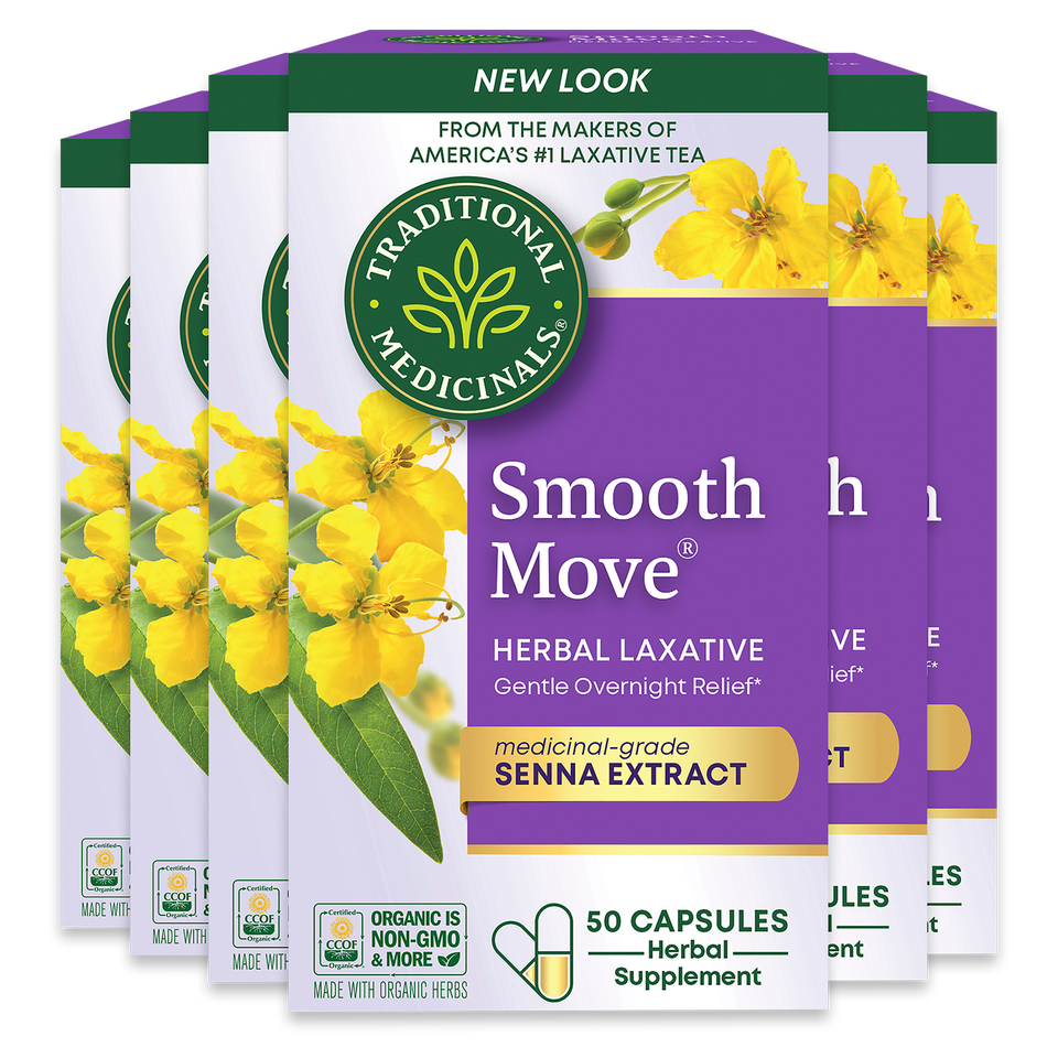 Smooth Move® Capsules by Traditional Medicinals offer natural constipation relief with 50 senna-based capsules.